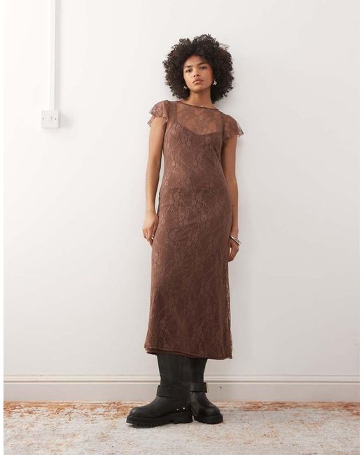 Reclaimed Vintage Natural Short Sleeve Lace Midi Dress