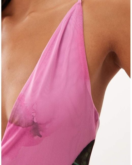ASOS Pink Printed Mesh Plunge Maxi Dress