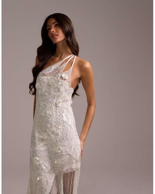 ASOS Brown Embellished One Shoulder Cutwork Midi Dress With Asymmetric Fringe Hem