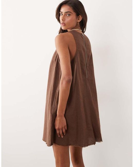 Monki Brown Linen Blend Sleeveless A Line Mini Dress With Frayed Edge