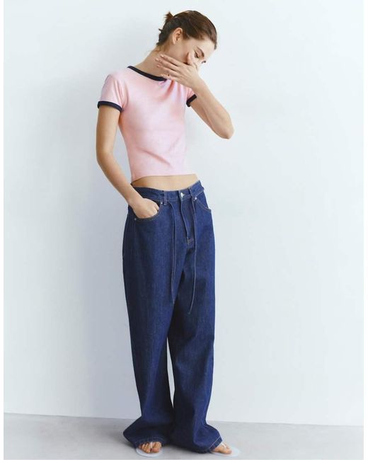 Pull&Bear Blue Short Sleeve Ribbed T-shirt