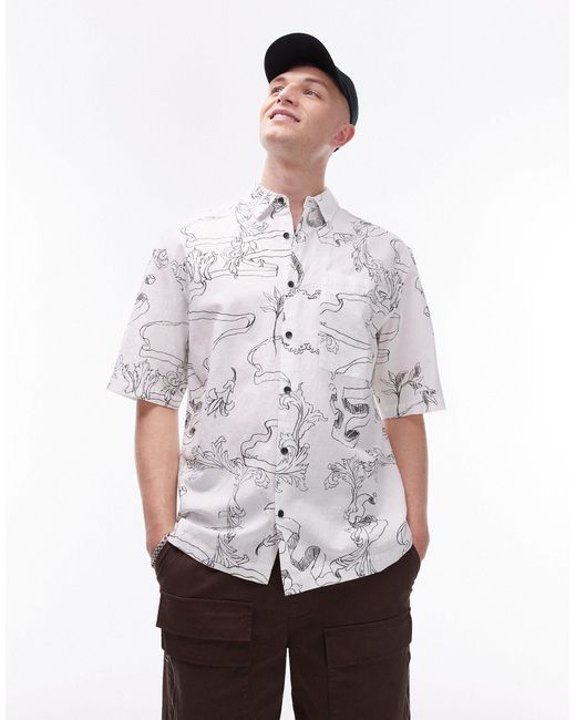 Topman – kurzärmliges, bedrucktes hemd mit lässigem schnitt aus leinenmix in White für Herren