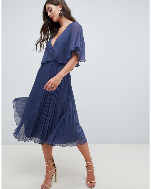 flutter sleeve midi dress with pleat skirt