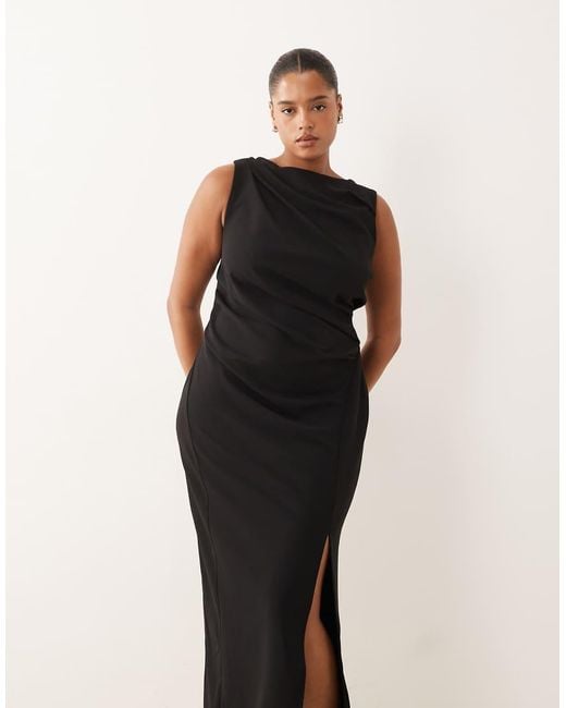 ASOS Black Asos Design Curve Slash Neck Ruched Midi Dress