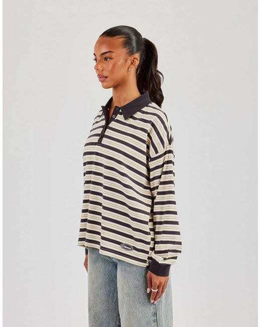 CERNUCCI Gray Oversized Textured Stripe Polo Top