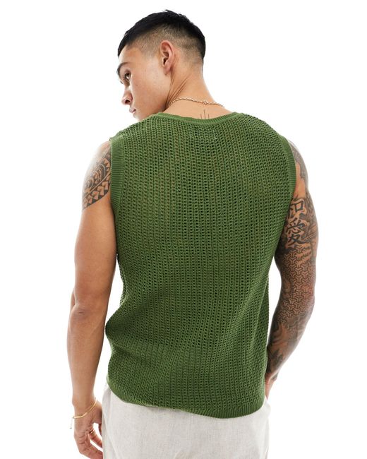 ASOS Green Lightweight Knitted Pointelle Scoop Tank Khaki for men