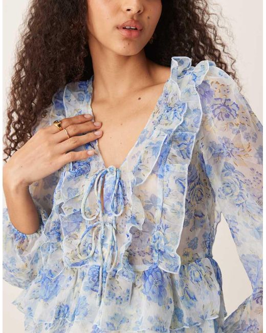 Mango Blue Tie Detail Long Sleeve Flouncy Floral Print Blouse With Ruffle Detail