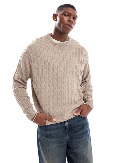 ASOS Natural Oversized Boxy Knitted Jumper With Waffle Stitch for men