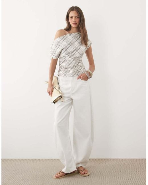 ASOS White Fallen Shoulder Cinched Waist Top