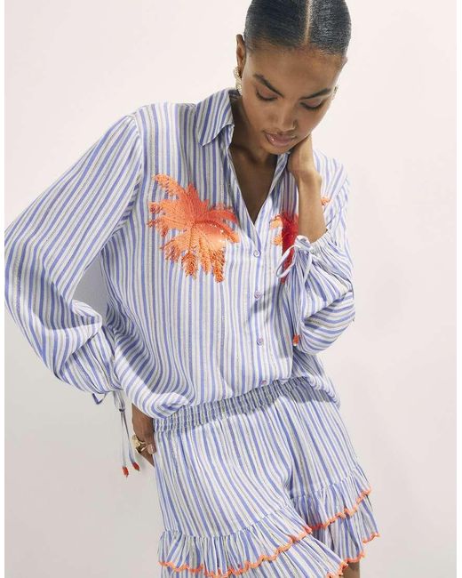 River Island Blue Striped Embellished Palm Beach Shirt