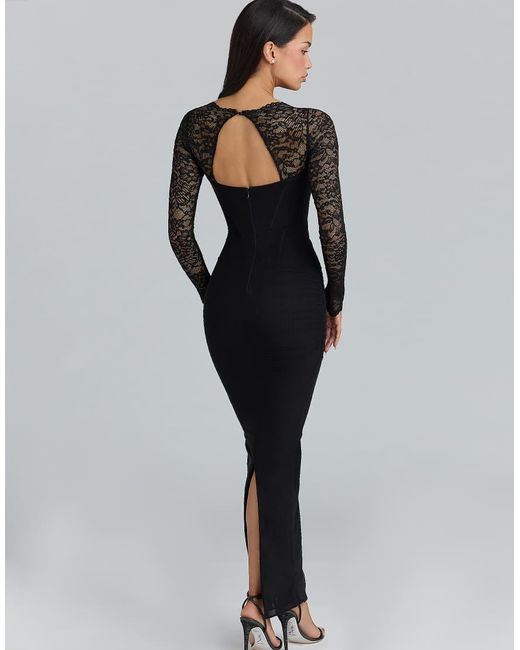 House Of Cb Black Shiloh Lace Long Sleeved Corset Maxi Dress