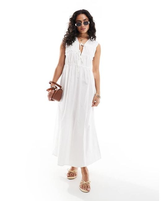ONLY White Tie Front Ruched Cotton Midaxi Dress