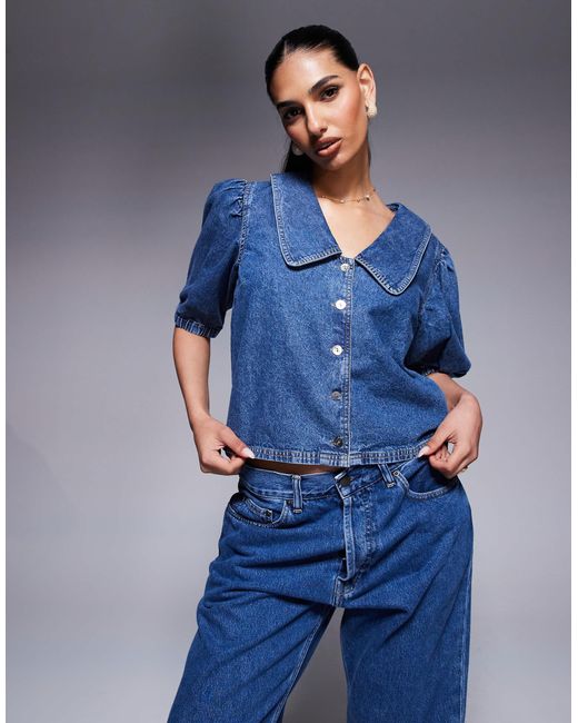 River Island Blue Denim Puff Sleeve Top