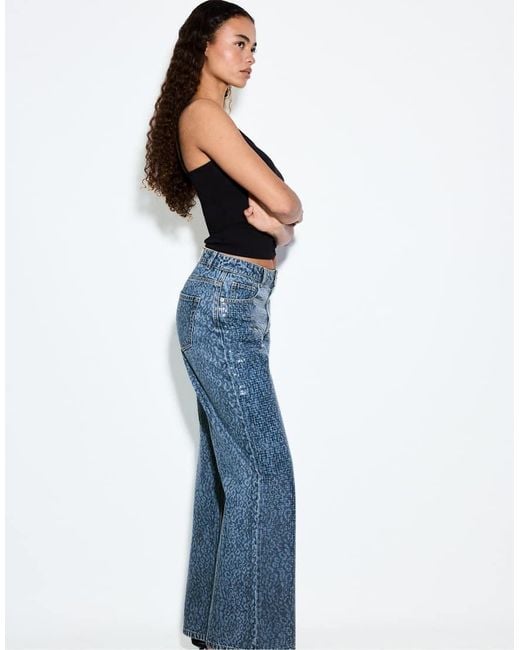 Stradivarius Blue Leopard Print Straight-leg Jeans With Rhinestones