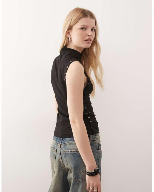 Weekday Black Mock Neck Sleeveless Top With Side Button Detailing