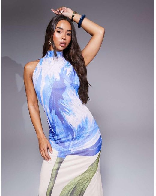 ASOS Blue Halter Neck With Open Back With Drape Detail Maxi Dress