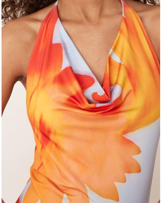 ASOS White Mesh Super Plunge Cowl Halter Dress With Blown Up Hibiscous Print