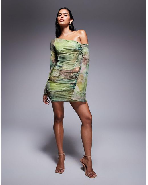 ASOS Green Off Shoulder Mesh Mini Dress With Ruffle Flute Sleeve