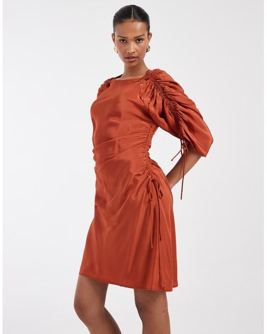 & Other Stories Red Ruched Volume Short Sleeve Mini Dress