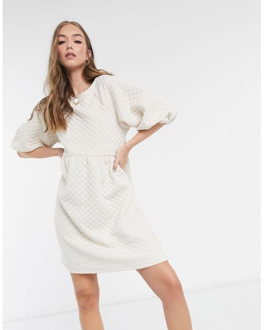 Vero Moda Natural Quilted Smock Dress With Puff Sleeves