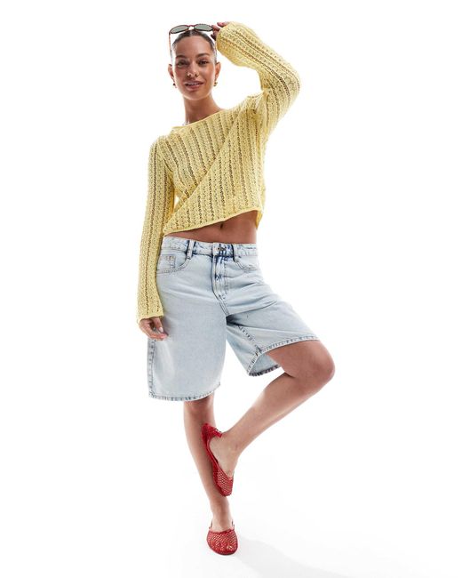 Pieces Metallic Self Stripe Crochet Knit Cropped Top