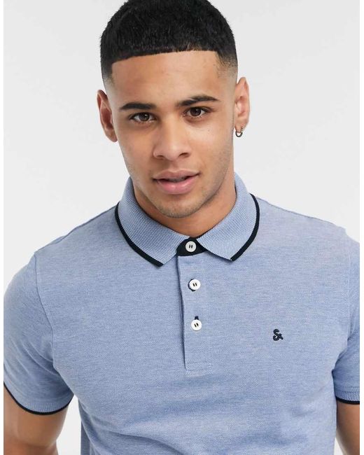 Jack & Jones Blue Essentials Slim Fit Tipped Pique Logo Polo for men