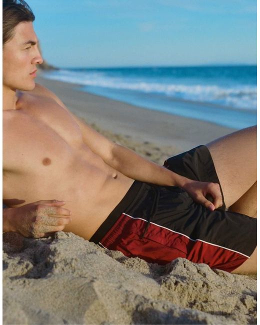 Pull&Bear Red Panelled Swimming Trunks for men
