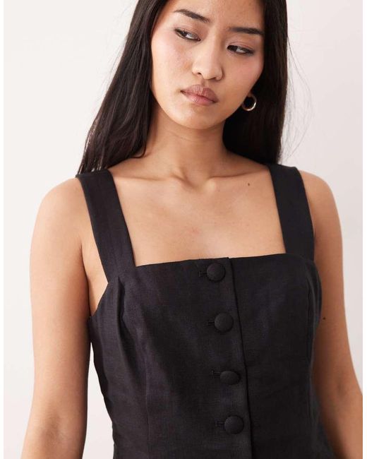 Nobody's Child Black Linen Blend Square Neck Button Down Top