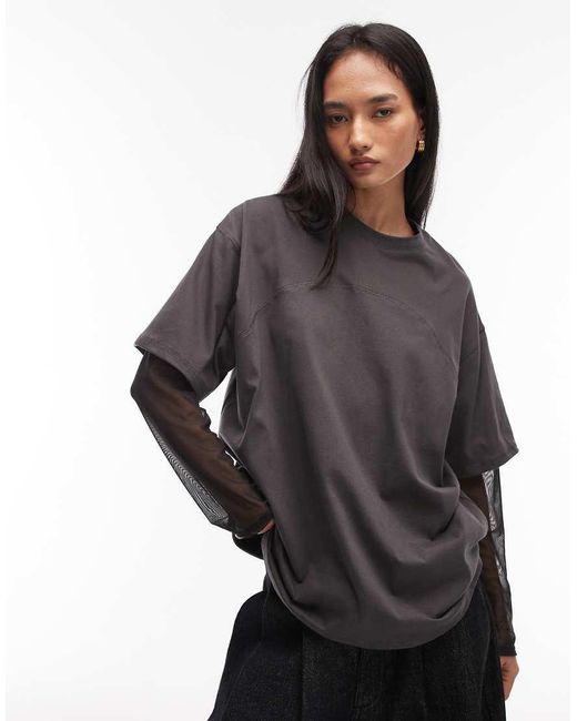 ASOS 2 In 1 Seam Detail Oversized Top With Mesh Long Sleeves In Grey And Black