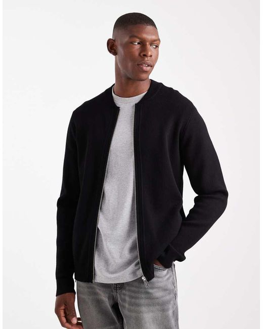 Threadbare Black Knitted Zip Through Bomber Cardigan for men