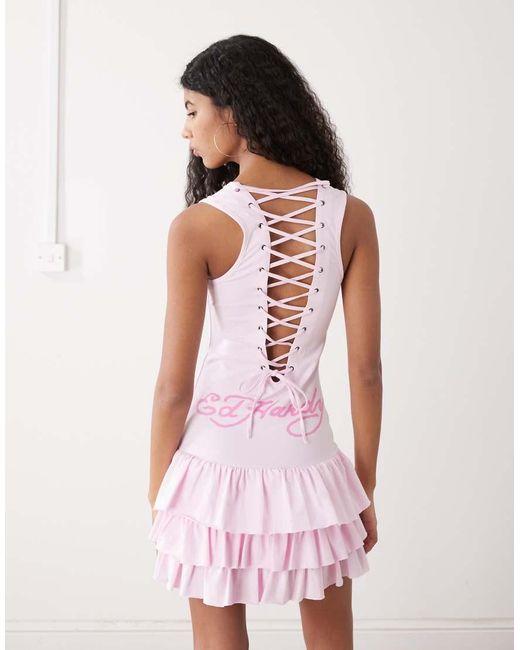 Ed Hardy Climbing Rose Rara Ruffle Mini Dress in White | Lyst UK