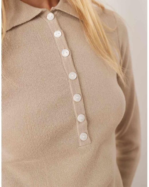 Pretty Lavish Natural Button Knit Polo Top