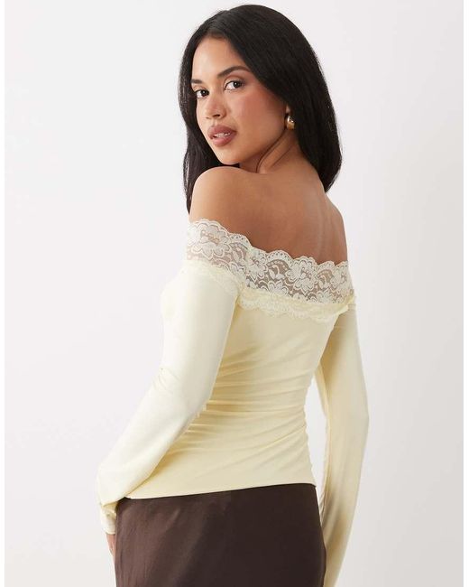 Fashionkilla Natural Exclusive Double Sculpted Slinky Lace Trim Bardot Long Sleeve Top