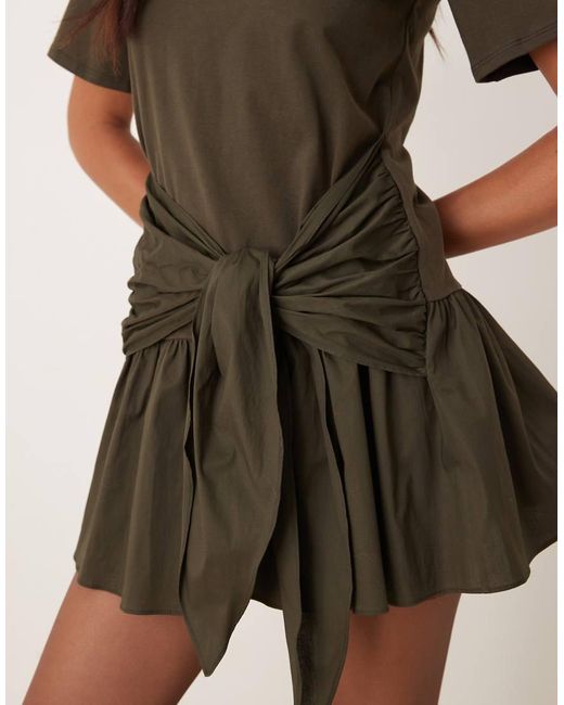 ASOS Natural Tie Front T-shirt Mini Dress With Poplin Skirt