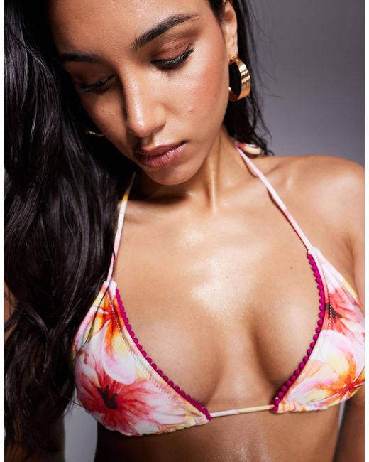 Candypants Multicolor Floral Abstract Print Picot Trim Triangle Bikini Top