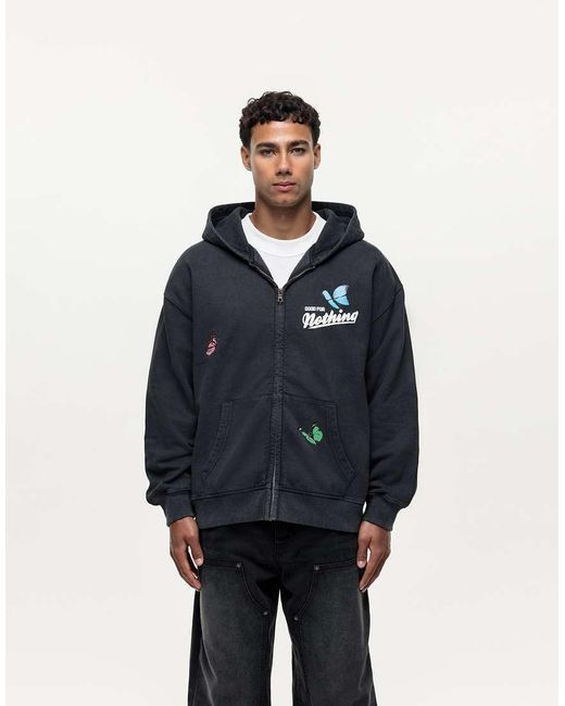 Good For Nothing Blue Embroidered Zip Up Hoodie for men