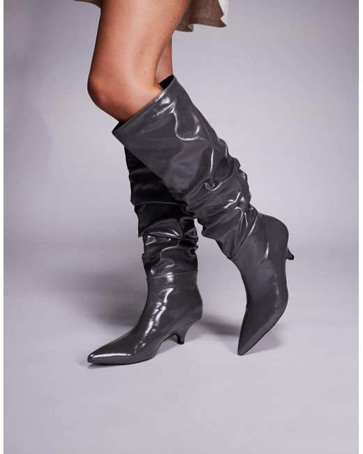 Public Desire Gray La Dolce Vita Ruched Kitten Heel Knee Boots