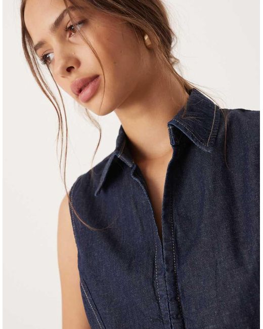 Mango Blue Cotton Mix Denim Short Sleeve Top