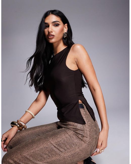 Kaiia Brown Exclusive Double Layered Slinky Sleeveless Asymmetric Side Split Top