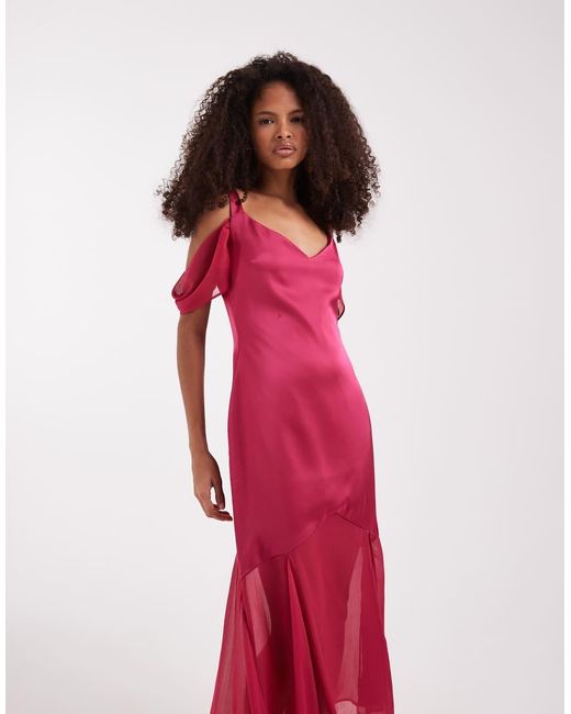 Pretty Lavish Red Cold Shoulder Drop Hem Sheer Maxi Dress