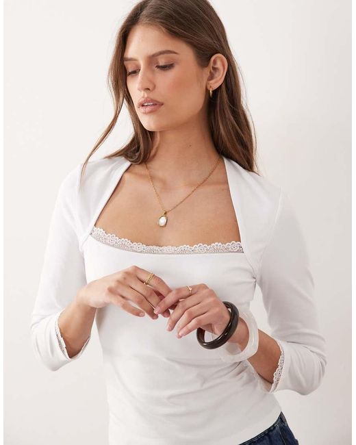 ASOS White 3/4 Sleeve Square Neck Top With Lace Hem