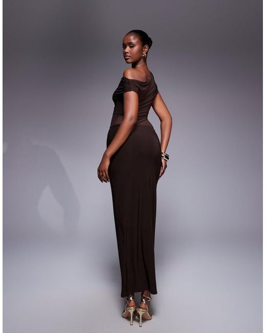 Kaiia Purple Exclusive Double Layered Slinky Drape Off Shoulder Sheer Mesh Panel Maxi Dress