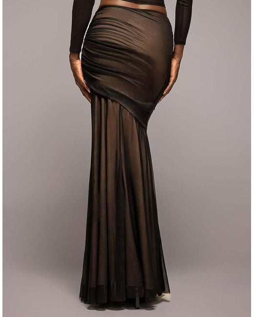 Goddiva Black Mesh Gathered Mermaid Maxi Skirt