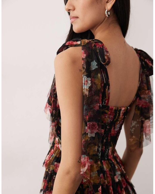 LACE & BEADS Brown Tulle Bow Shoulder Tiered Maxi Dress