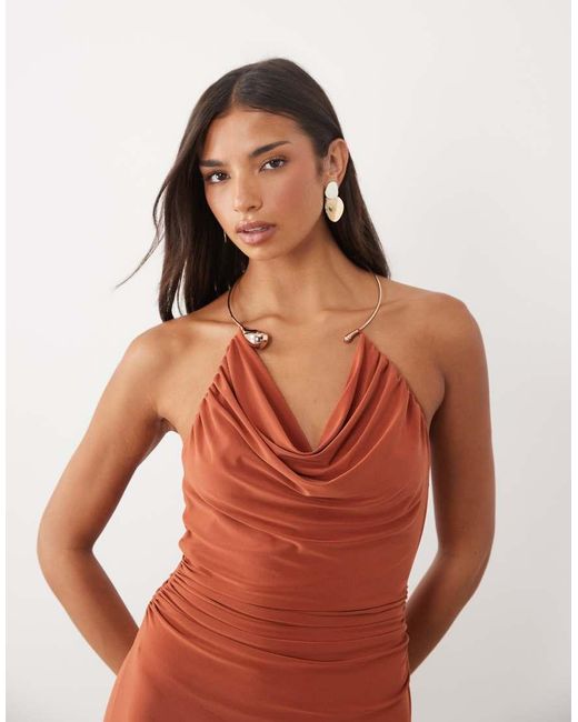 ASOS Red Slinky Cowl Neck Maxi Dress With Floral Neck Detail