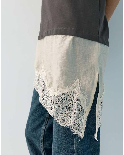 Pull&Bear Gray Contrast T-shirt With Lace Hem