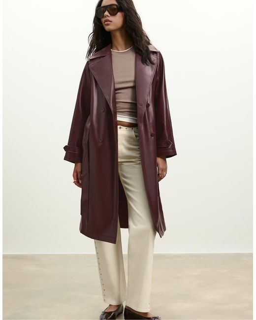Stradivarius Brown Long Faux Leather Trench Coat