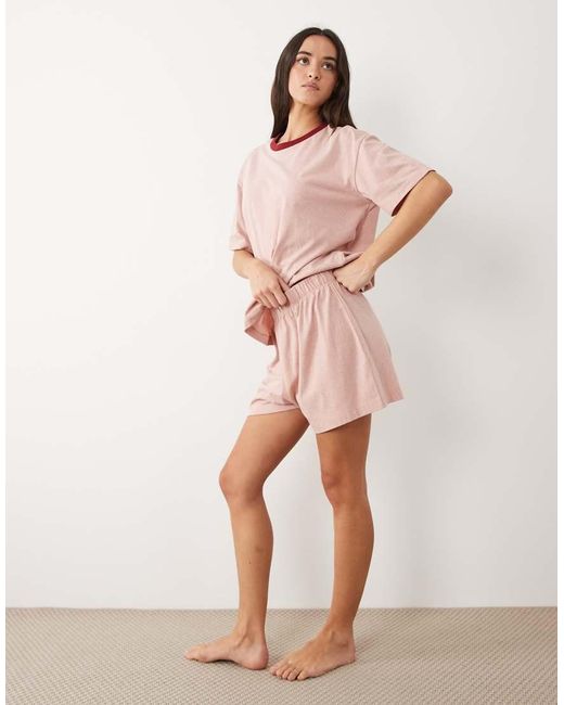 ASOS Pink Cotton Slub Short Sleeve Tee And Short Set With Contrast Neck Binding