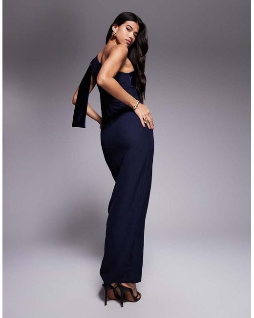Vesper Blue One Shoulder Maxi Dress With Satin Drape