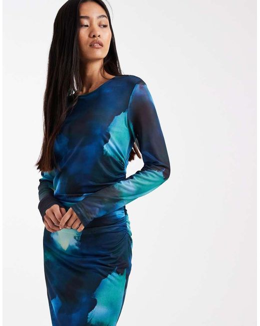 Object Blue Watercolour Print Maxi Dress With Ruched Waist